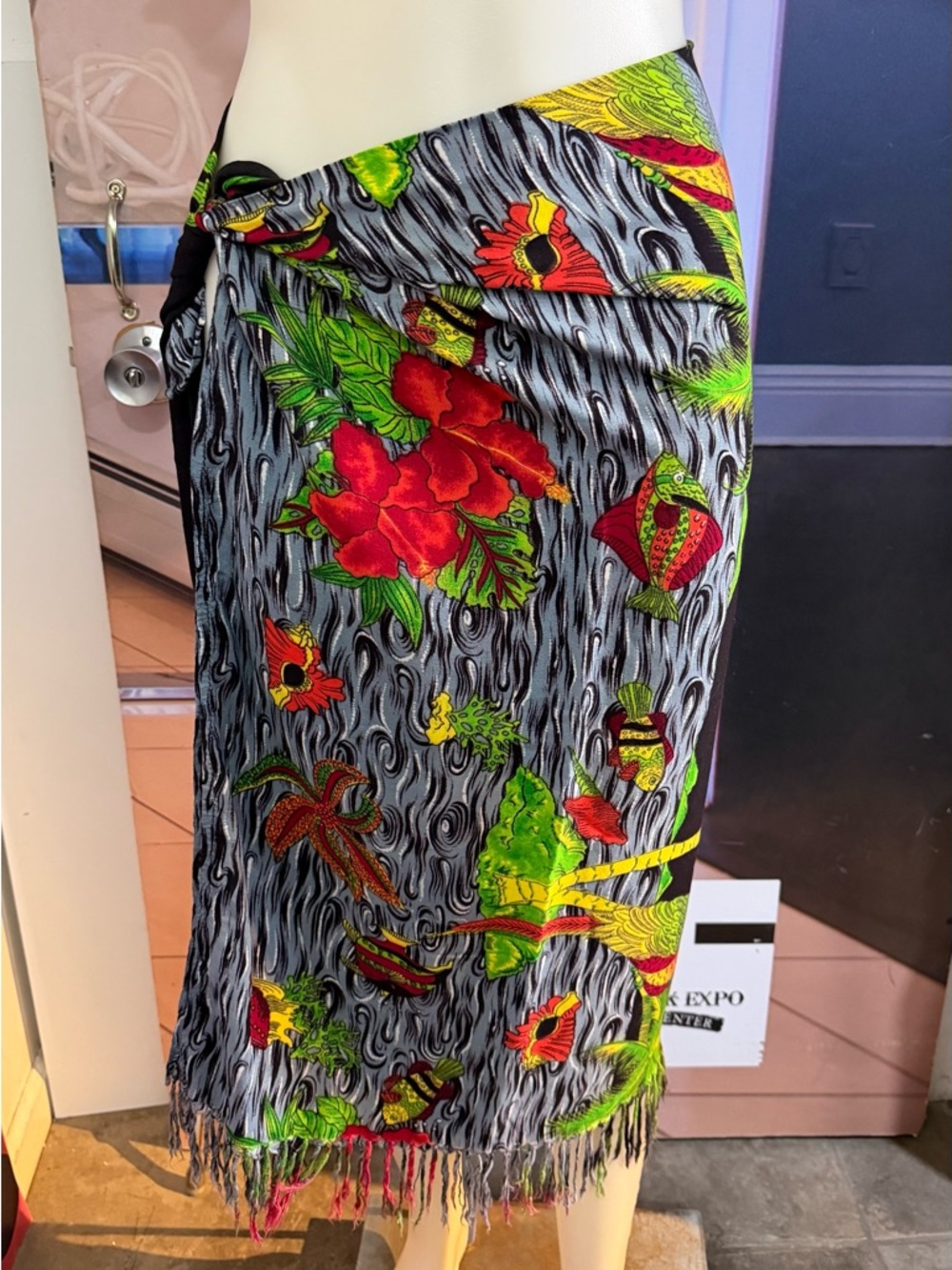 Tropical Floral Wrap Cover-Up in Black with Red & Green Accents